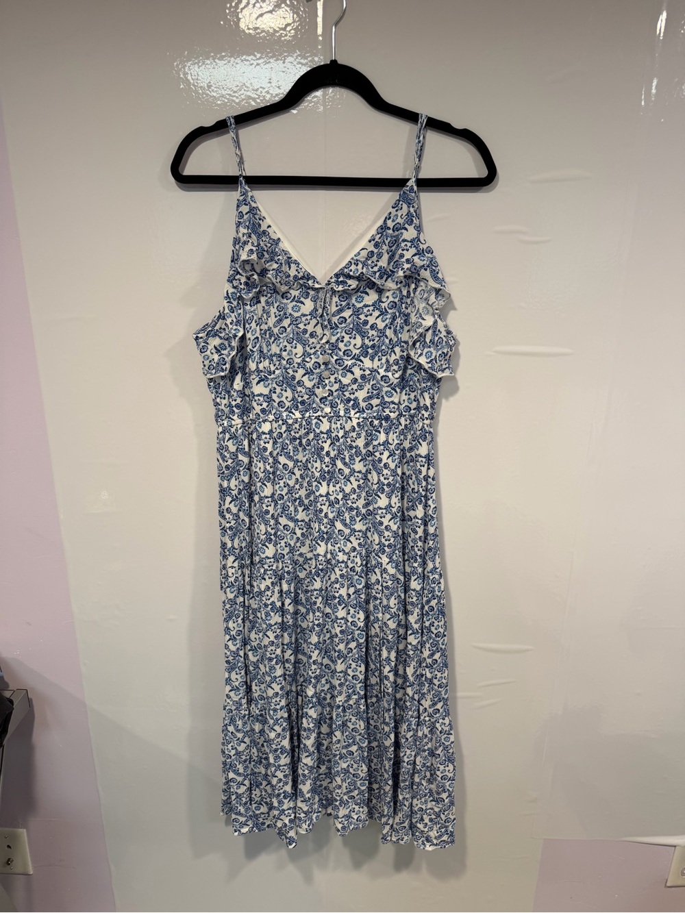 Blue and White Floral Grecian Ruffle Midi Dress